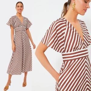 NEW Oroton Dress‎ Striped V-Neck Flutter Sleeve Midi Dress Brown White Size 8